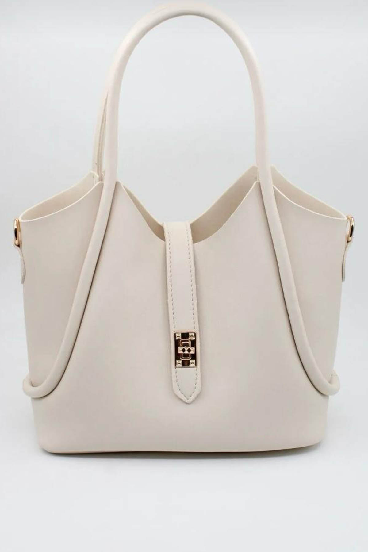 Lamelif Kilit Detaylı Kanguru El Ve Omuz Çantası Yavru Çantalı Kadın Krem