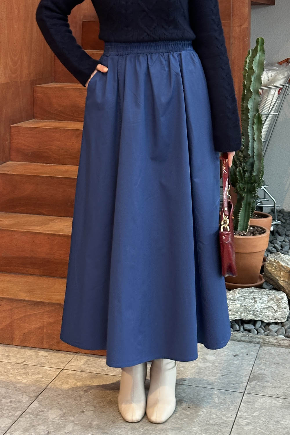 Lamelif Cep Detaylı Kloş Keten Etek Koyu Mavi