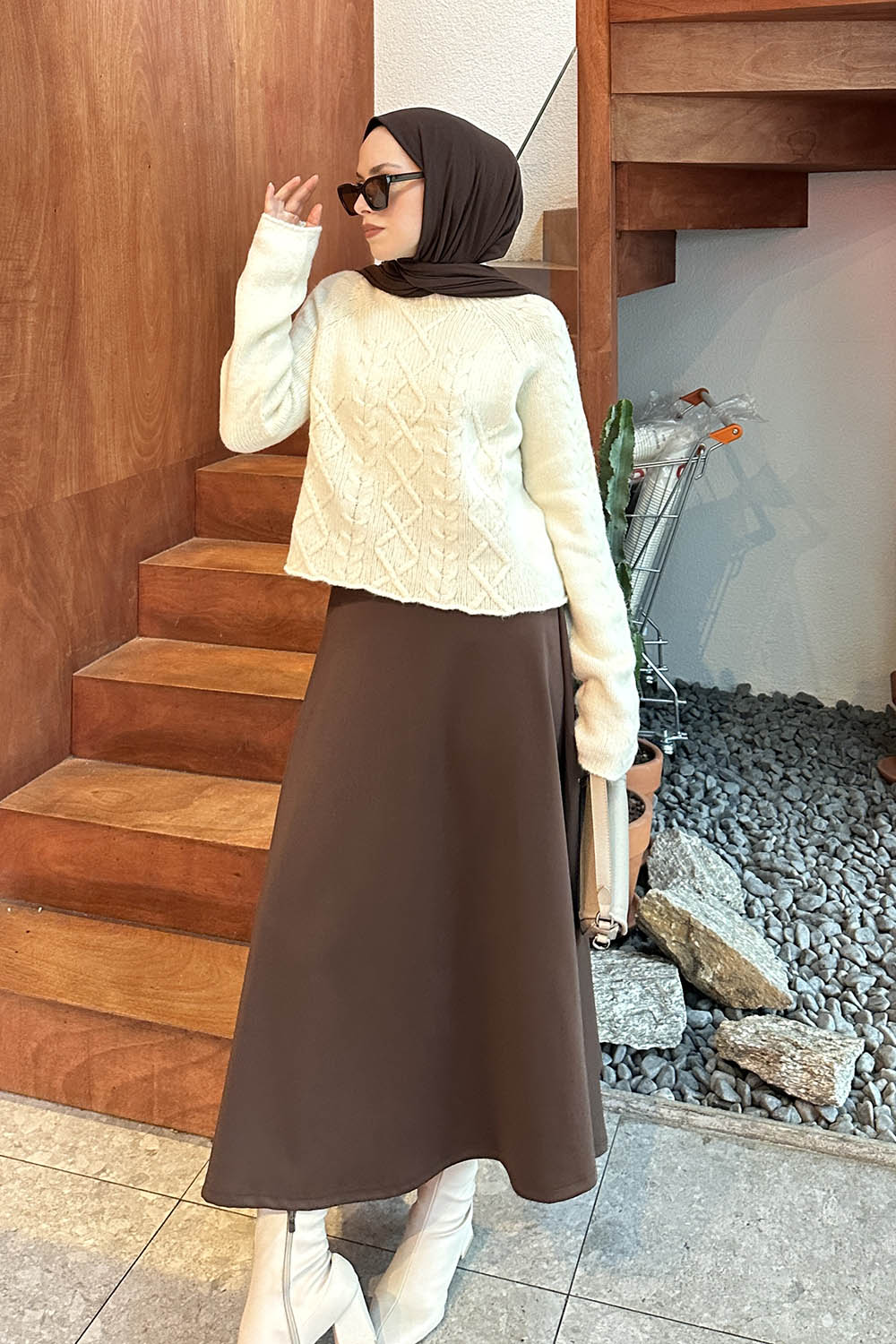 Lamelif Örgülü Kazak Krem