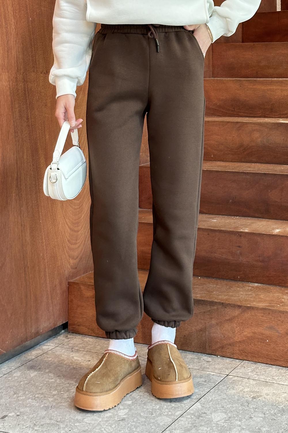 Lamelif Üç İplik Şardonlu Jogger Modelli Eşofman Altı Acı Kahve