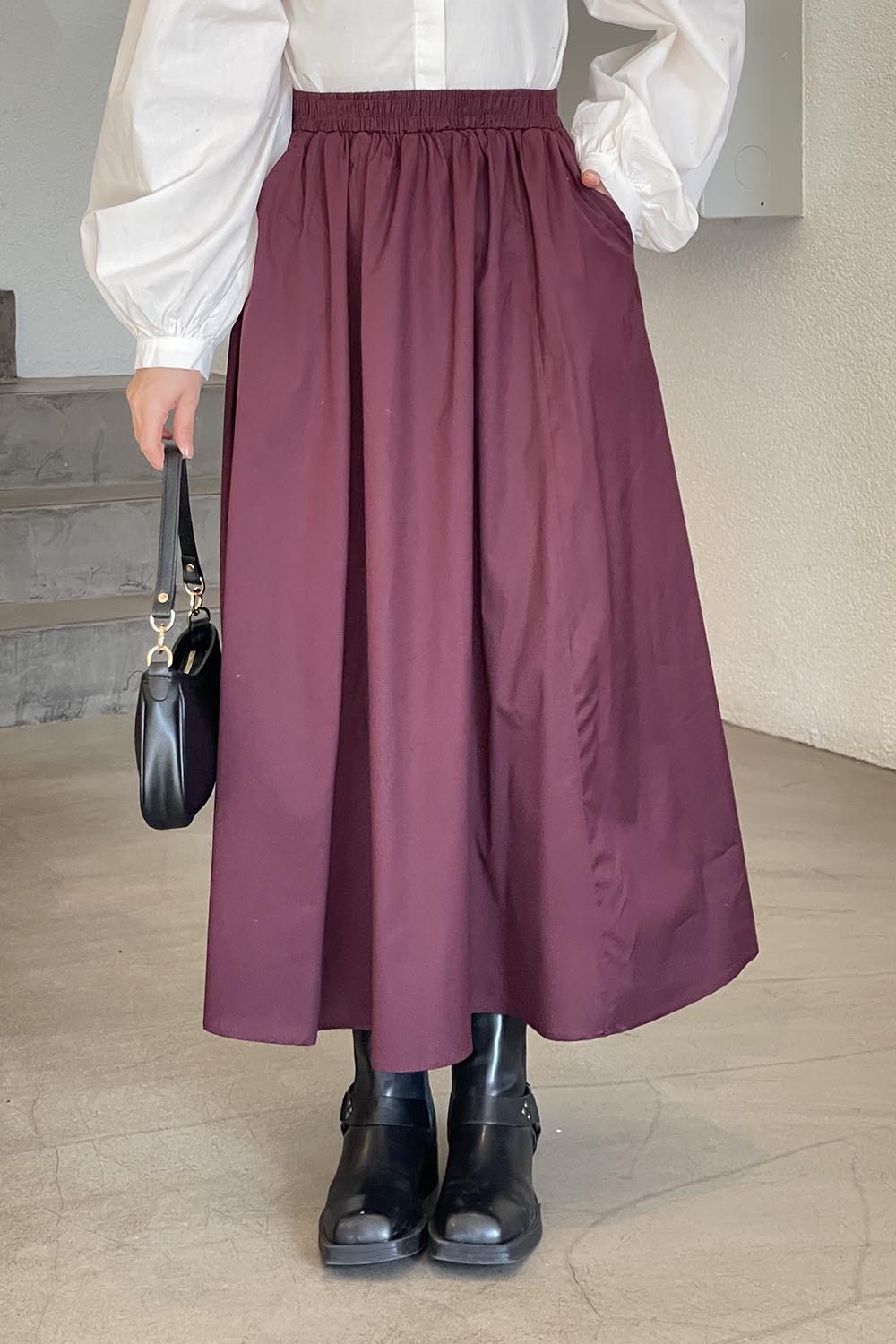 Lamelif Cep Detaylı Kloş Etek Mürdüm