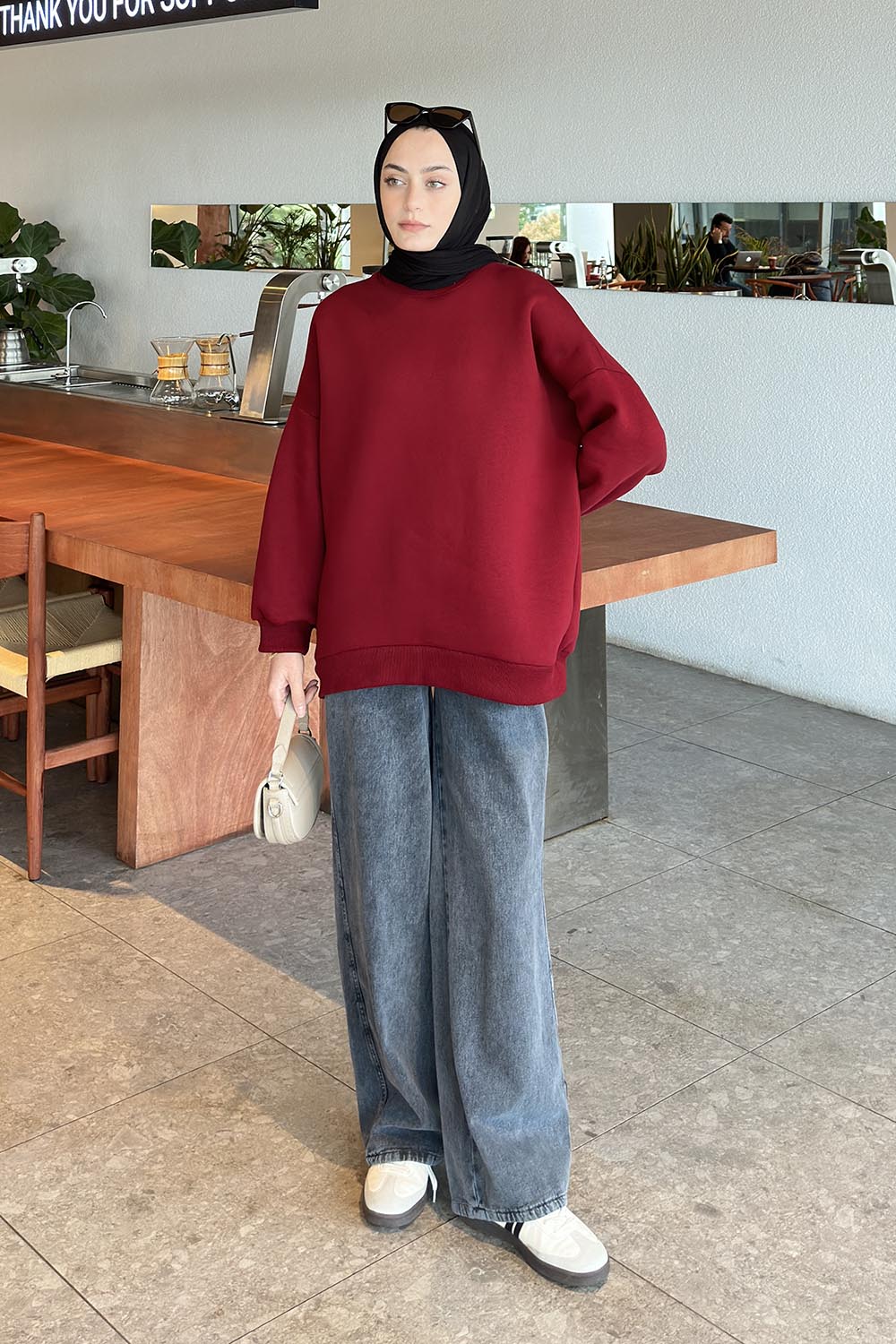 Lamelif Jasmin Bisiklet Yaka Oversize Sweat Bordo