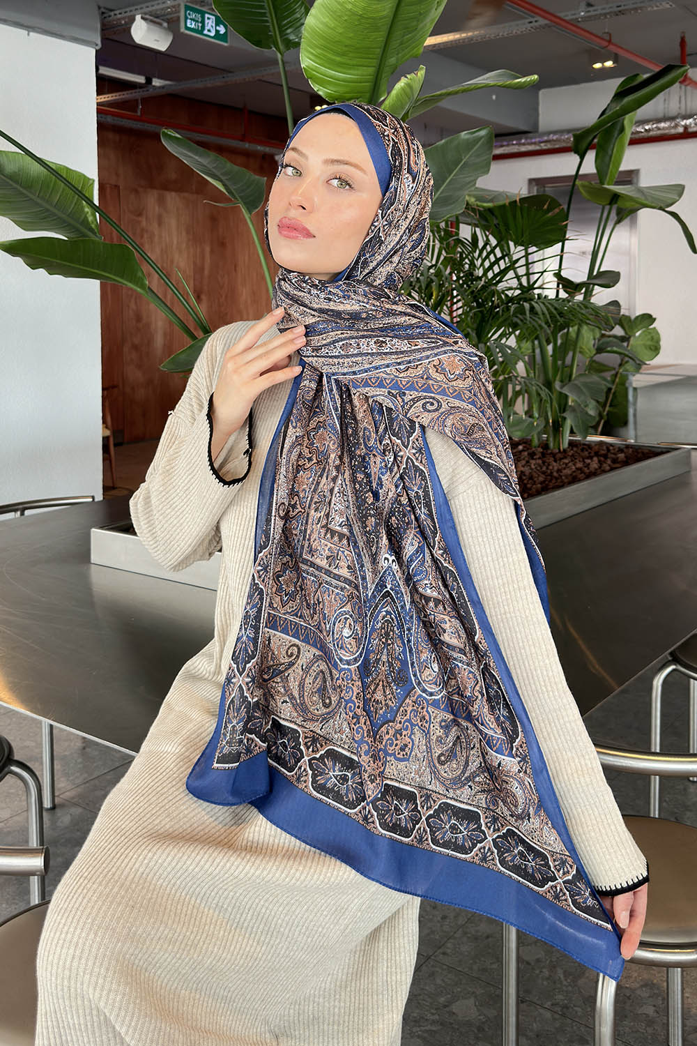 Lamelif Retro Desen Pamuk Şal İndigo Bej