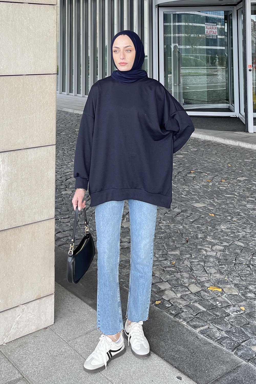 Lamelif Balon Kol Yaka Ve Etek Ucu Manşetli Bol Sweat Lacivert