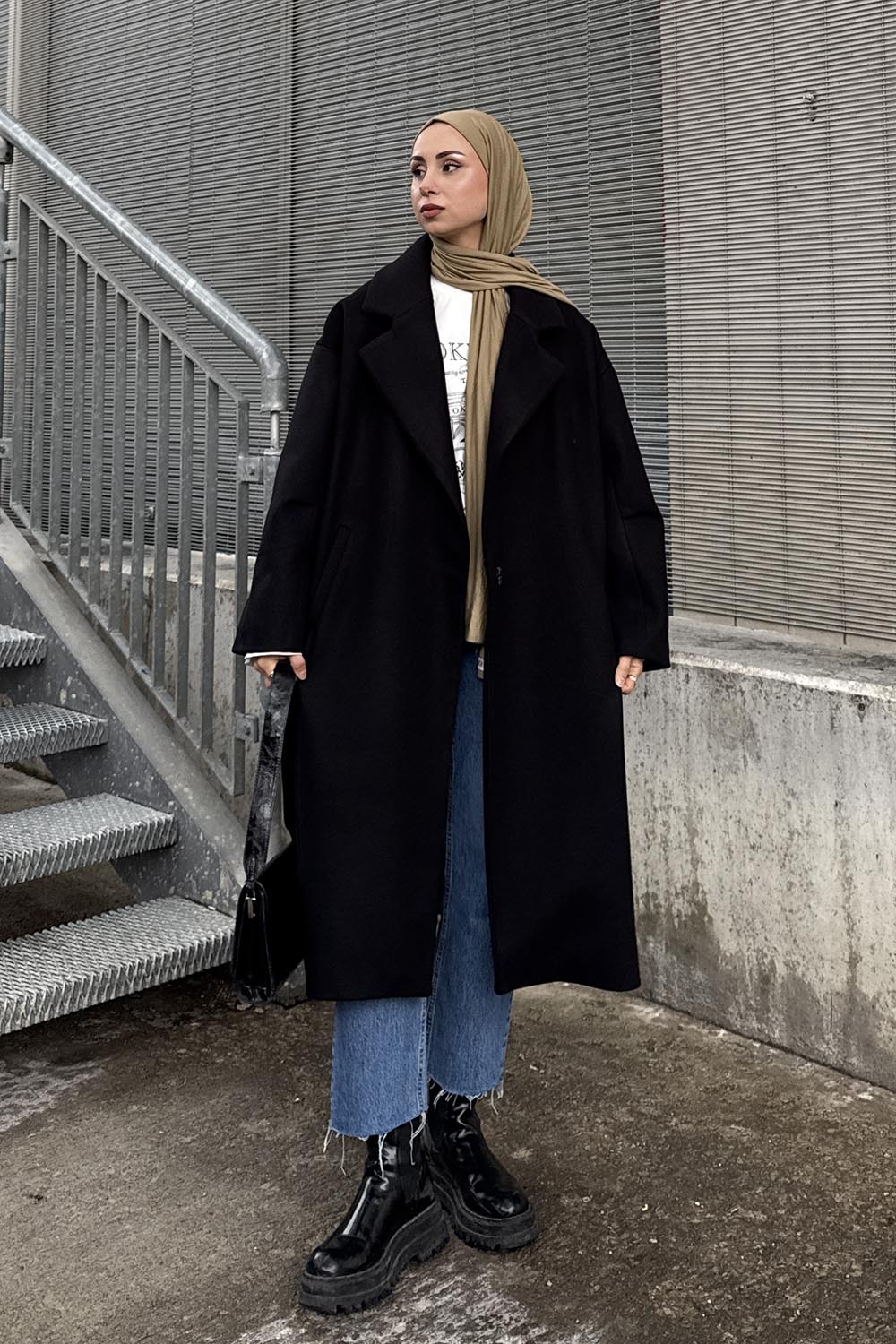 Lamelif Tek Düğmeli Kaşe Kaban Siyah