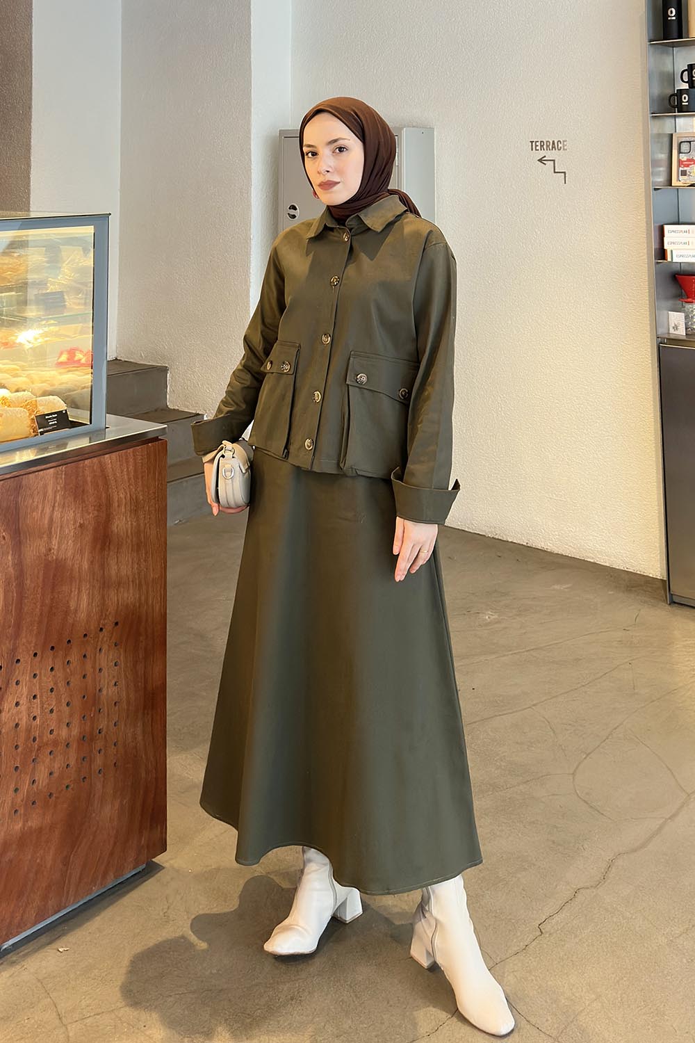 Lamelif Cep Detaylı İkili Etek  Tesettür Takım Koyu Yeşil