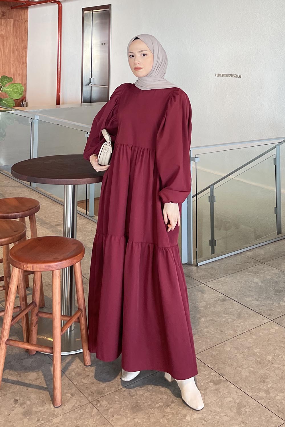 Lamelif Balon Kol Katlı Tesettür Elbise Bordo