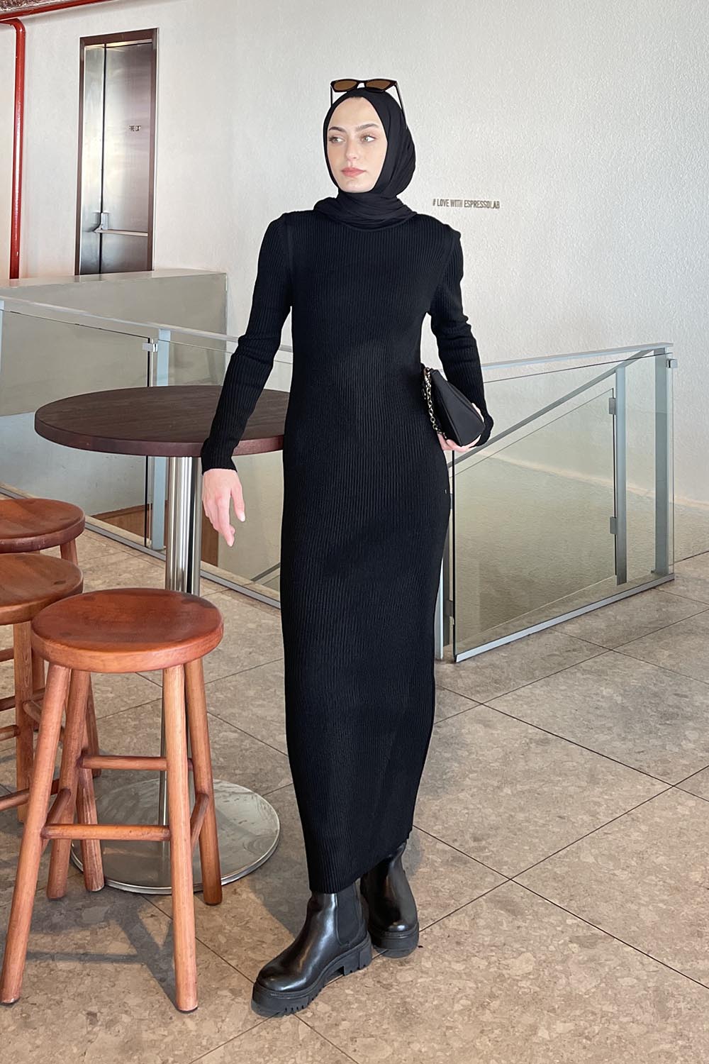 Lamelif Bisiklet Yaka Triko Tesettür Elbise Siyah