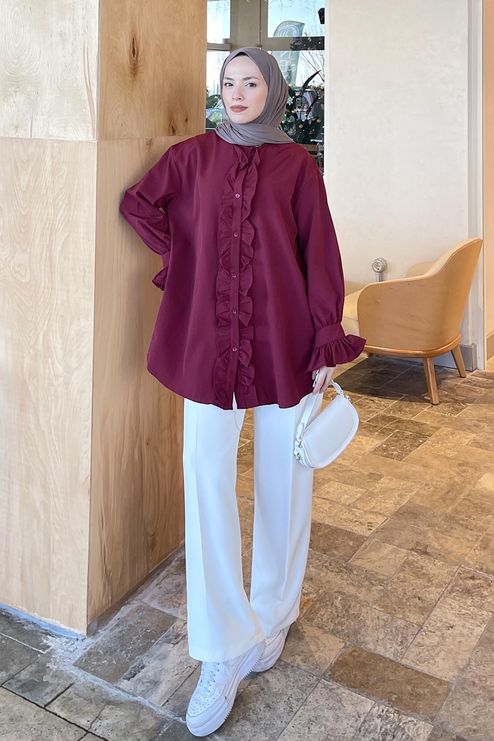 Lamelif Flores Fırfırlı Tunik Bordo