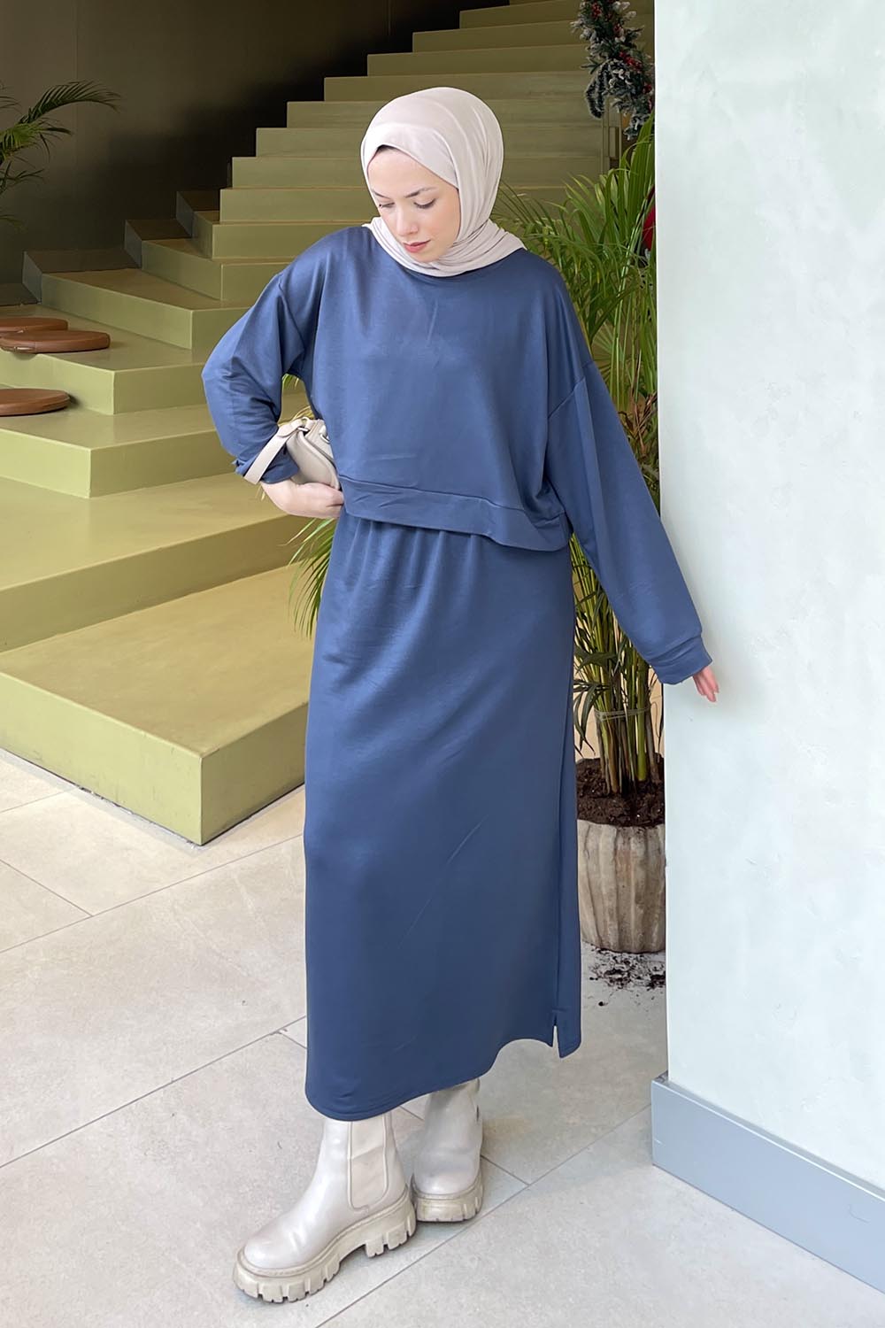 Lamelif Kısa Sweat Etekli Tesettür Takım Füme