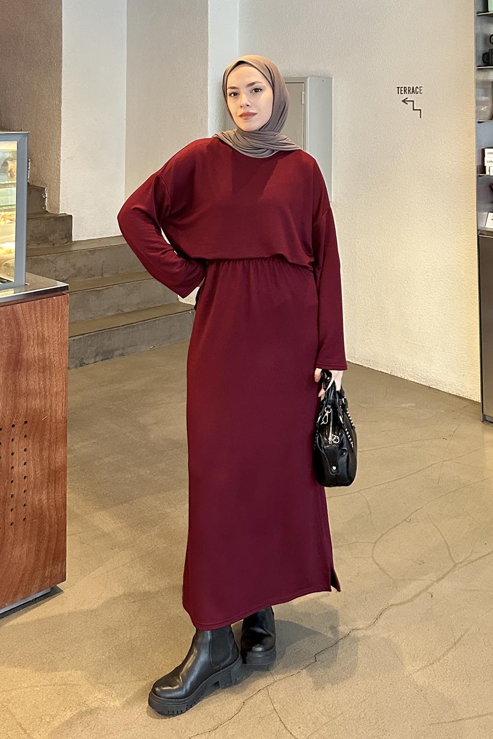 Lamelif Kristal Etekli Tesettür Takım Bordo