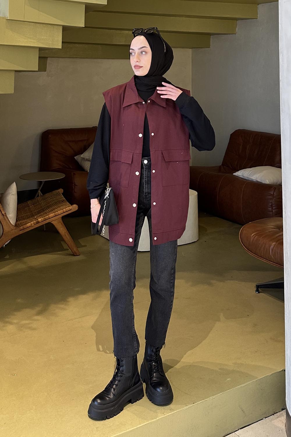 Lamelif Önü Çıtçıt Düğmeli Yelek Bordo