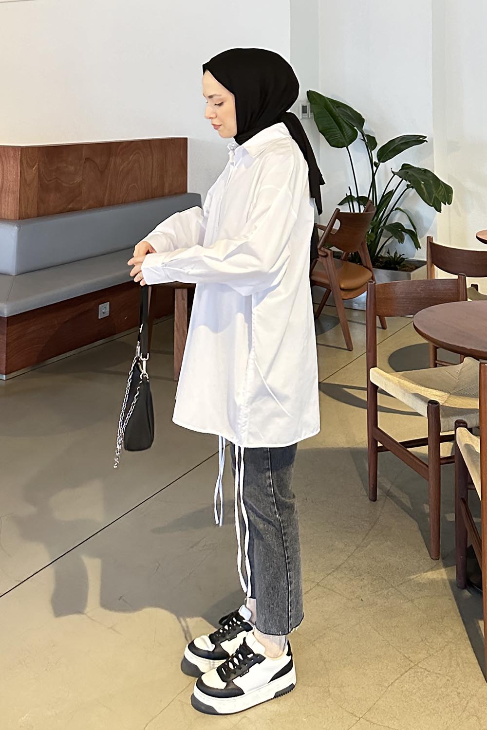 Lamelif Yanları İp Büzgülü Oversize Gömlek Beyaz