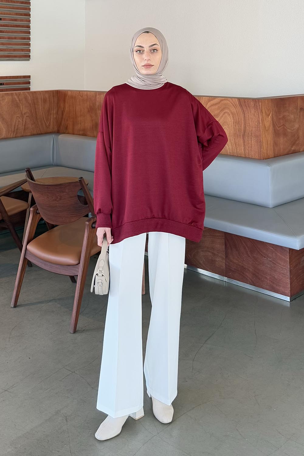 Lamelif Balon Kol Yaka Ve Etek Ucu Manşetli Bol Sweat Bordo