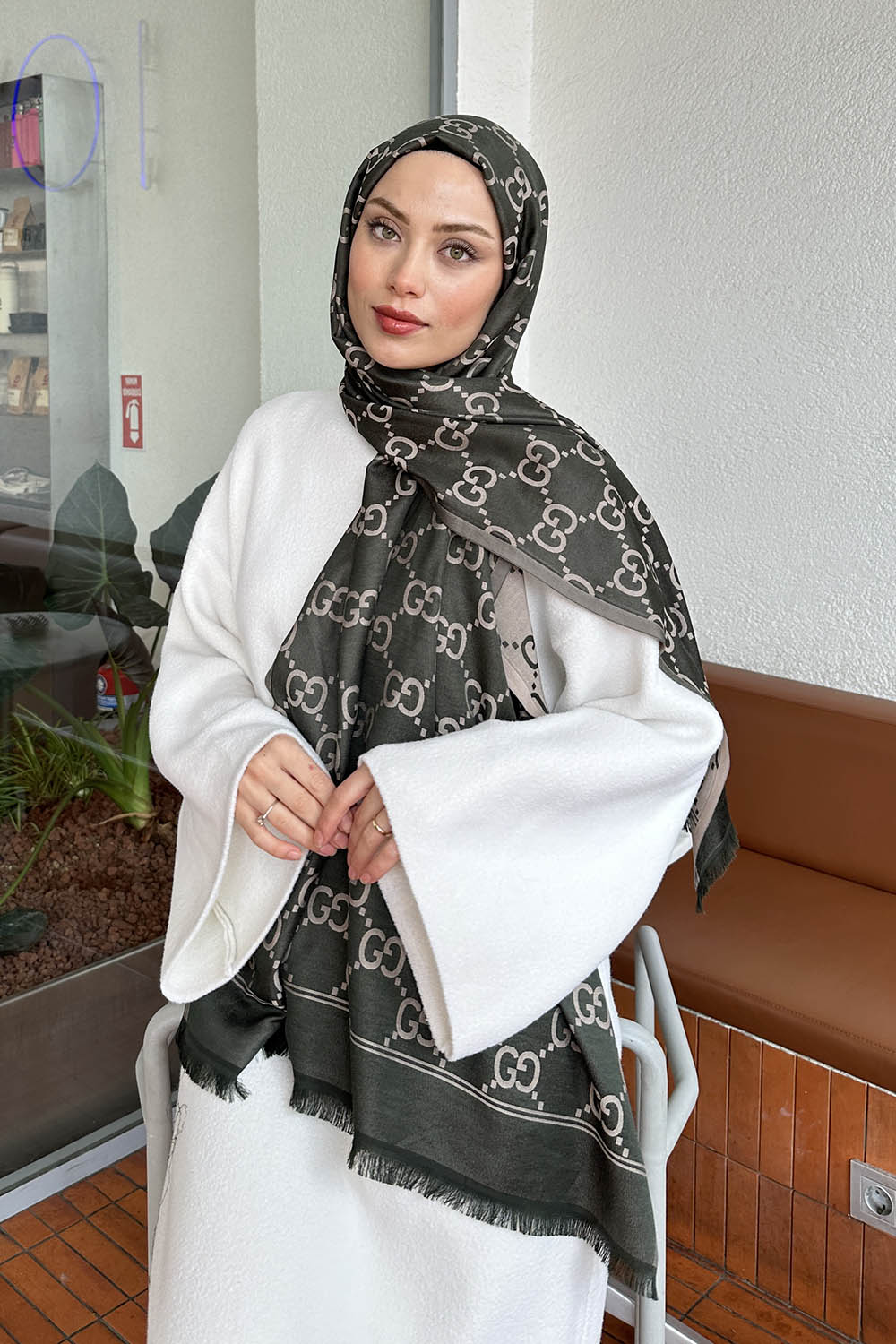 Lamelif G Desen Kaşmir Çift Taraflı Şal Koyu Yeşil Haki