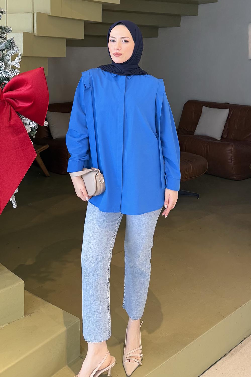 Lamelif Omuz Vatka Detaylı Tesettür Gömlek Saks Mavisi