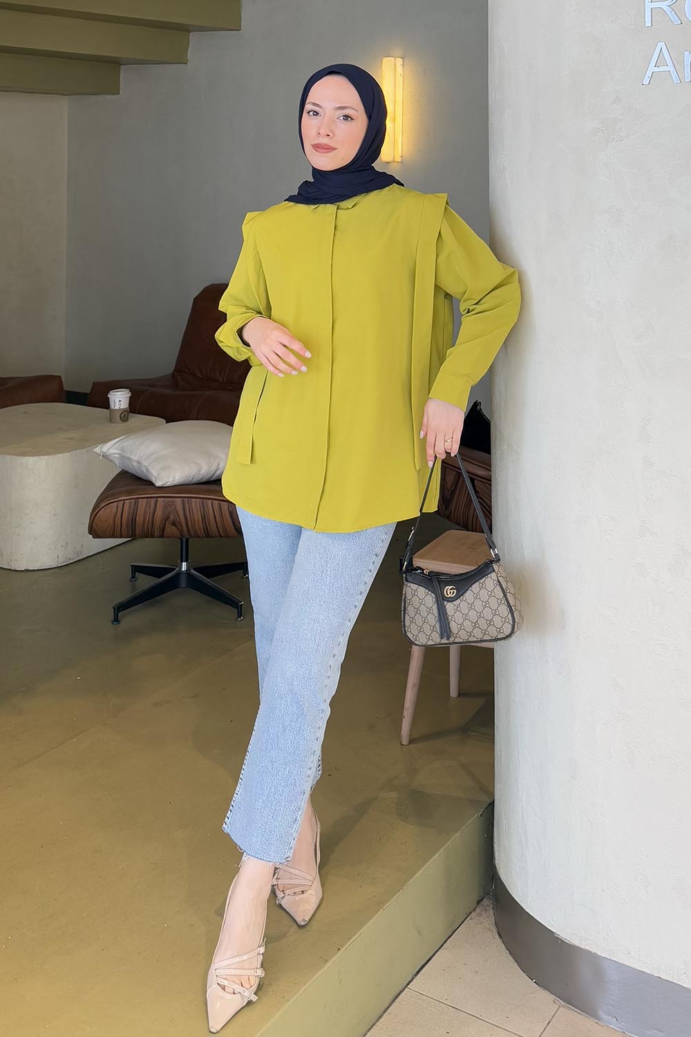 Lamelif Omuz Vatka Detaylı Tesettür Gömlek Yağ Yeşili
