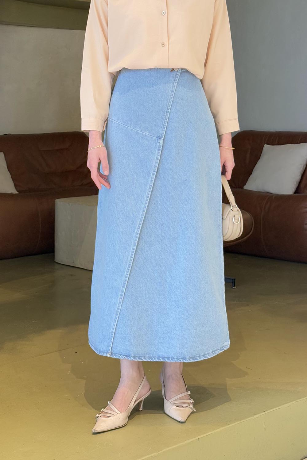 Lamelif Kruvaze Kapama Tesettür Kot Etek Buz Mavisi