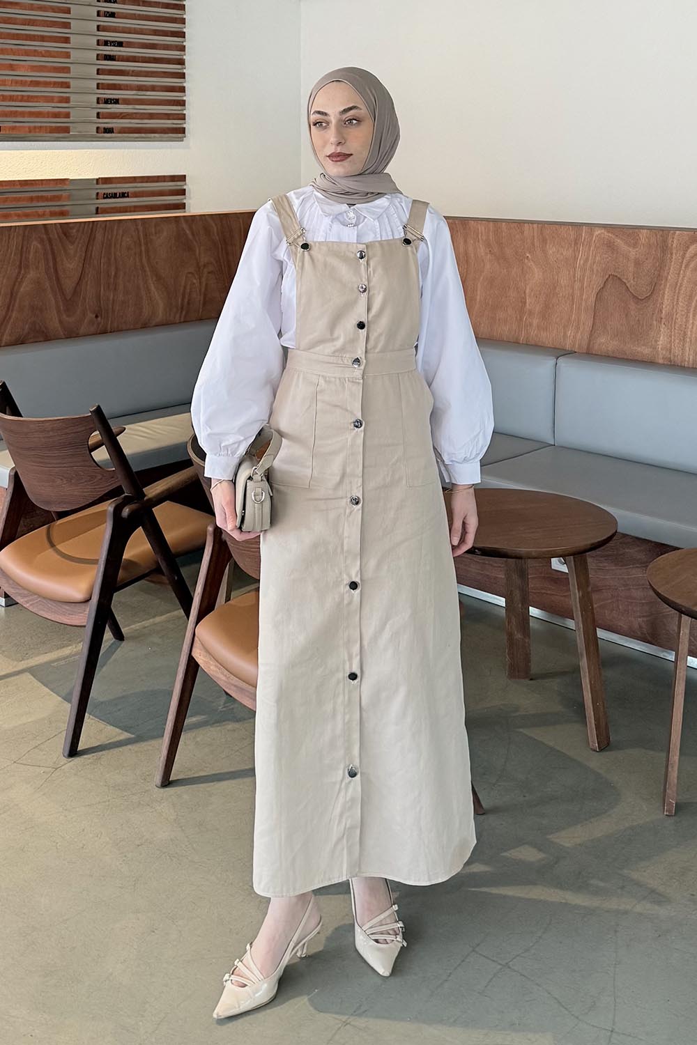 Lamelif Önü Boydan Düğmeli Salopet Krem