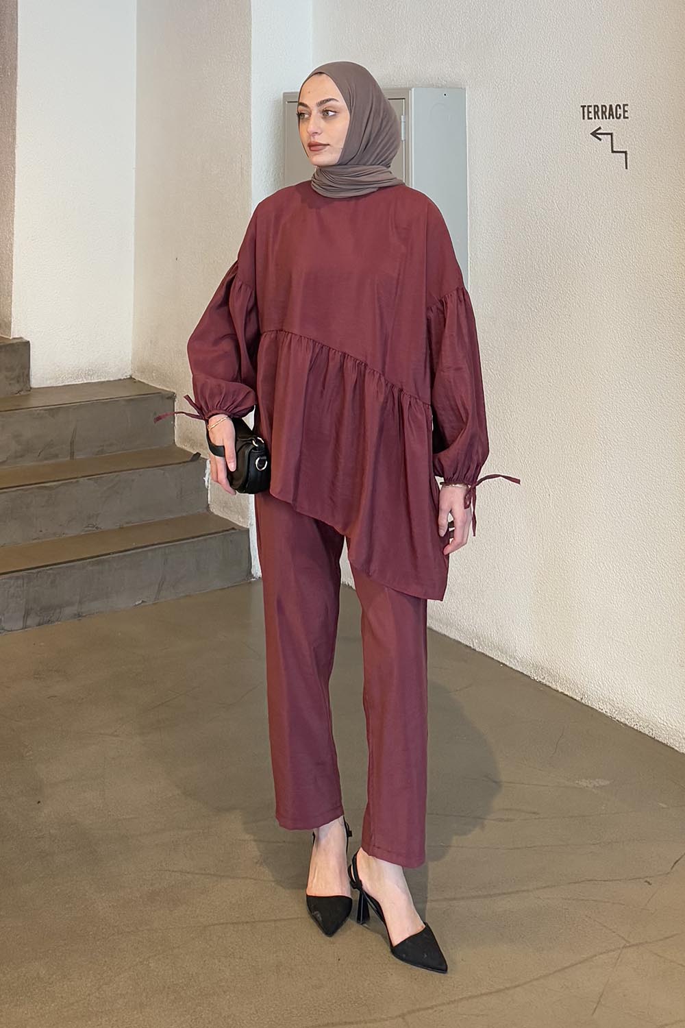 Lamelif Fırfırlı Bluz Pantolon Takım Bordo