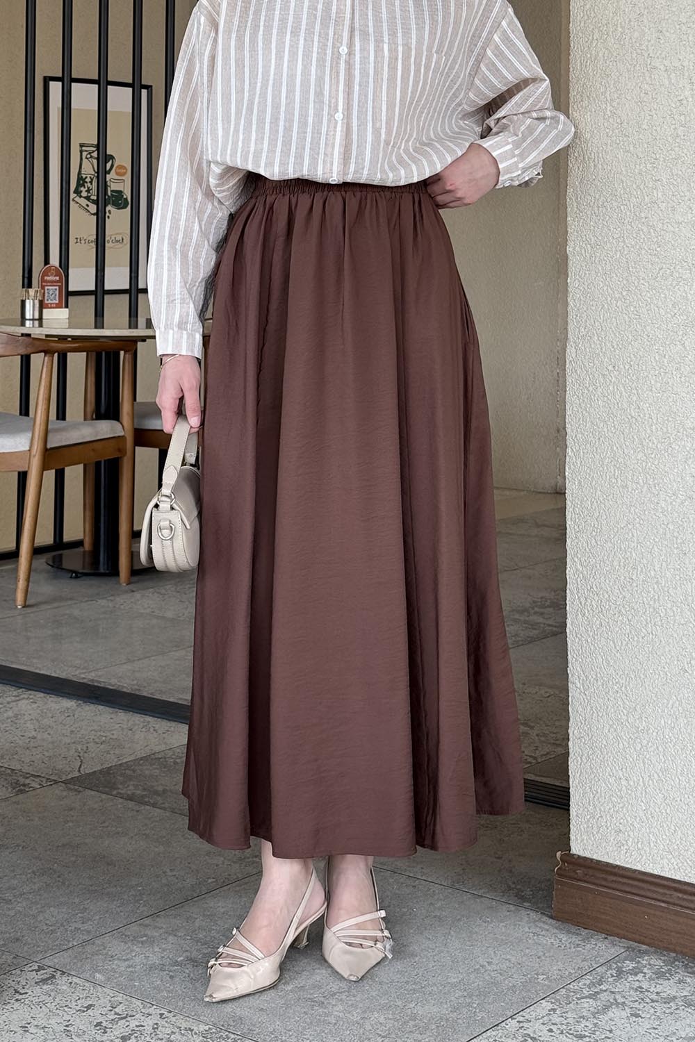 Lamelif Cep Detaylı Keten Etek Kahve