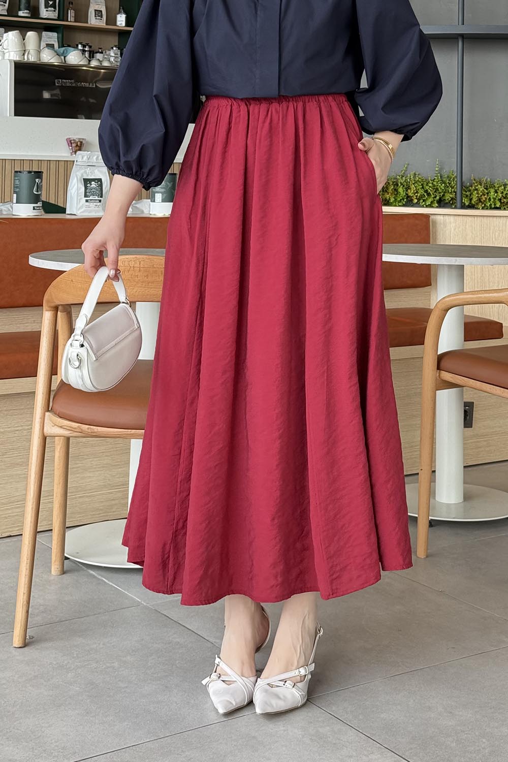 Lamelif Cep Detaylı Keten Etek Vişne Rengi