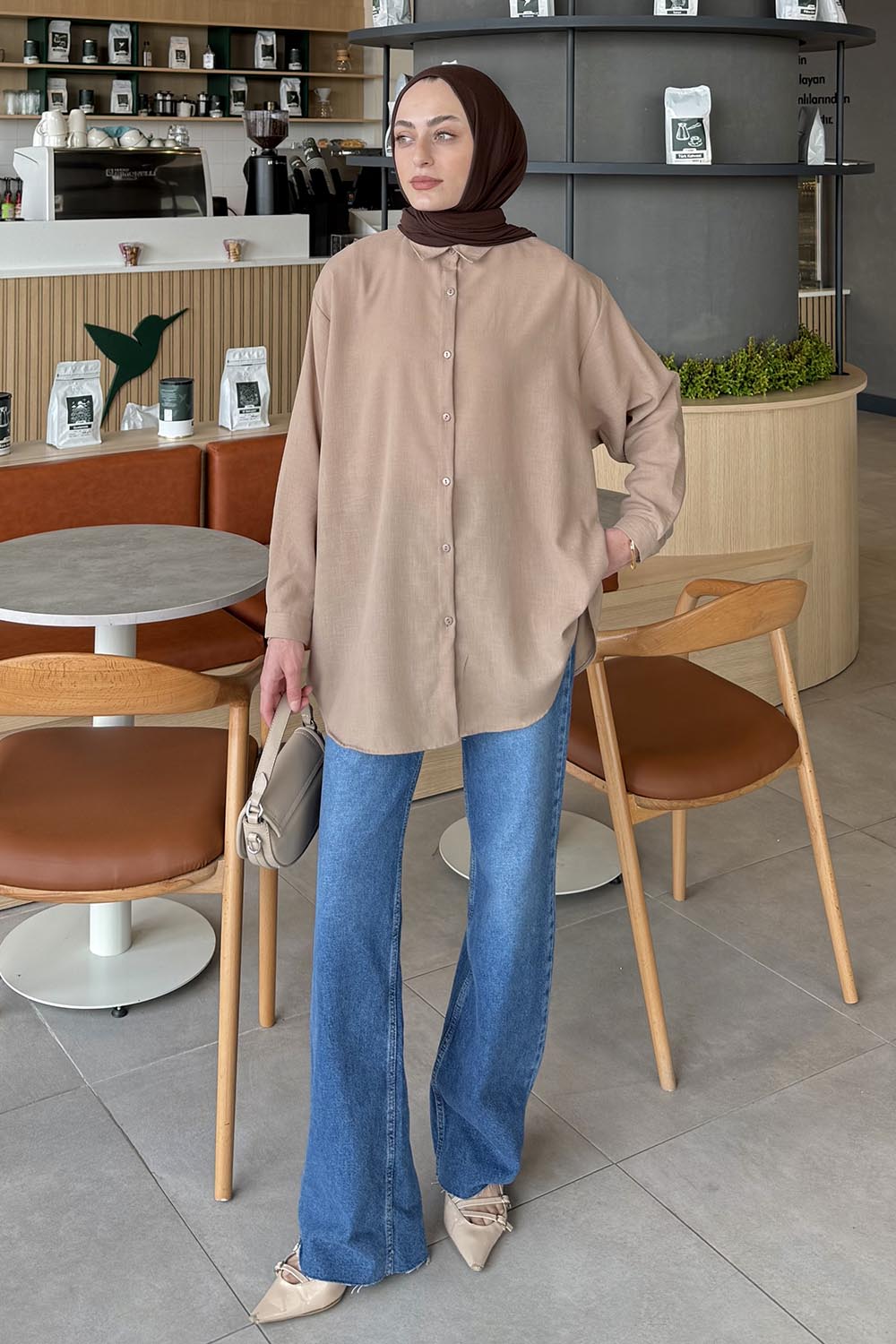 Lamelif Pera Keten Tesettür Gömlek Kahve