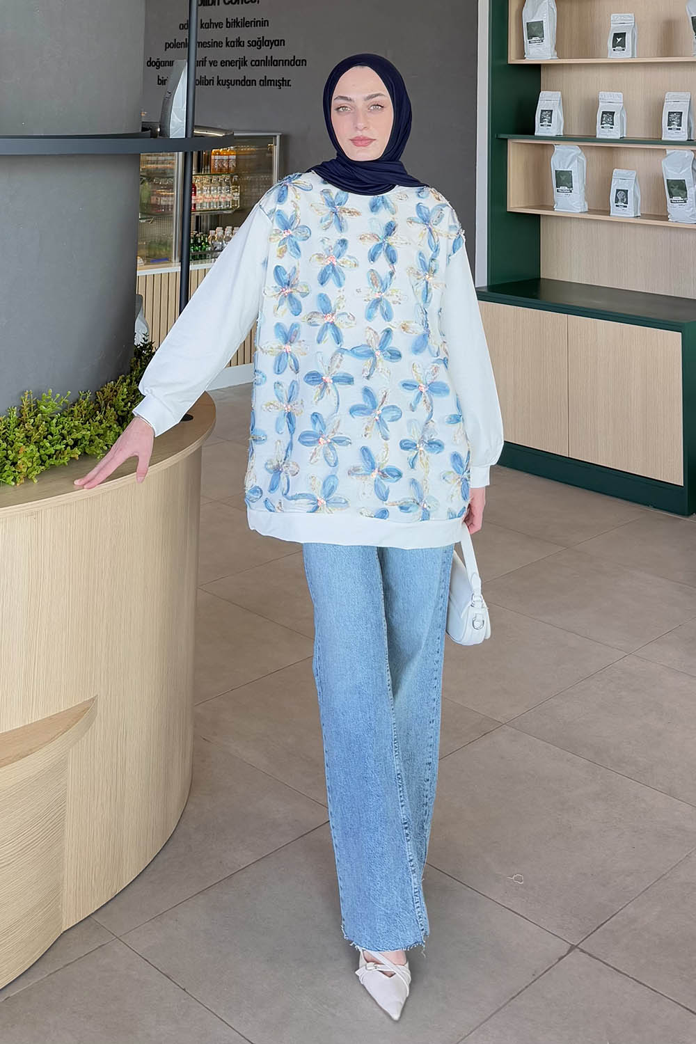 Lamelif Çiçekli İki İplik Tesettür Sweat Mavi