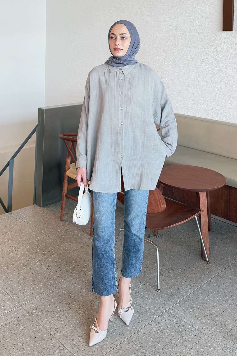 Lamelif Müslin Tesettür Gömlek Gri
