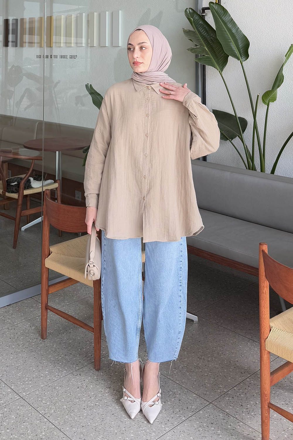 Sand Beige Shirt Collar Long Arm Linen Shirt