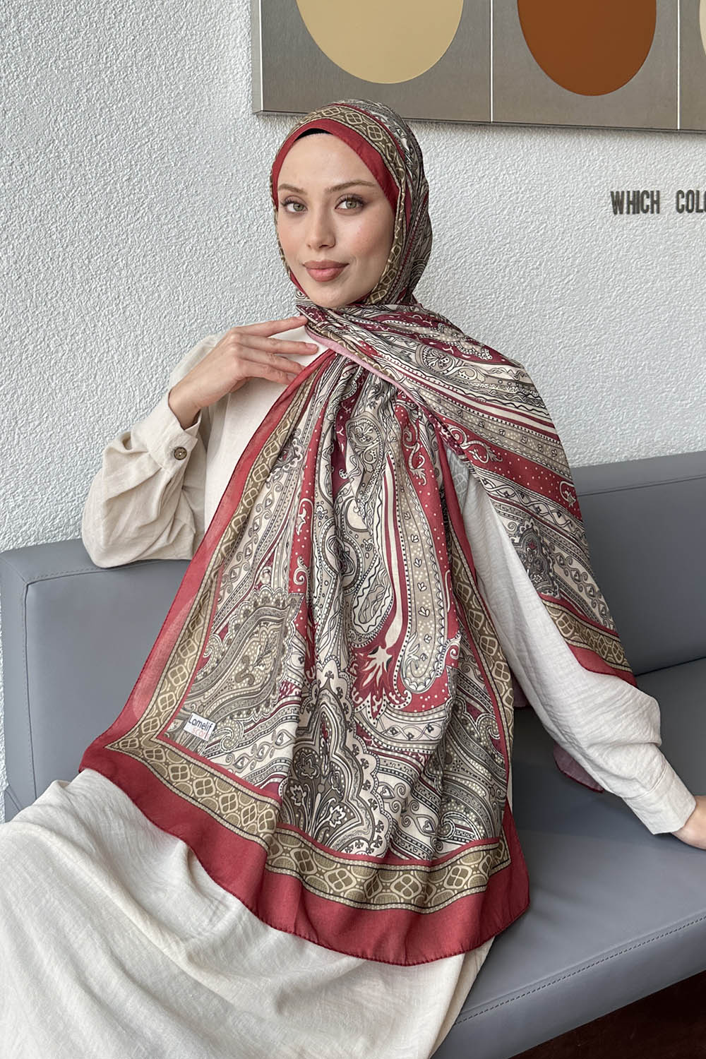 Lamelif Retro Desen Pamuk Şal Bordo