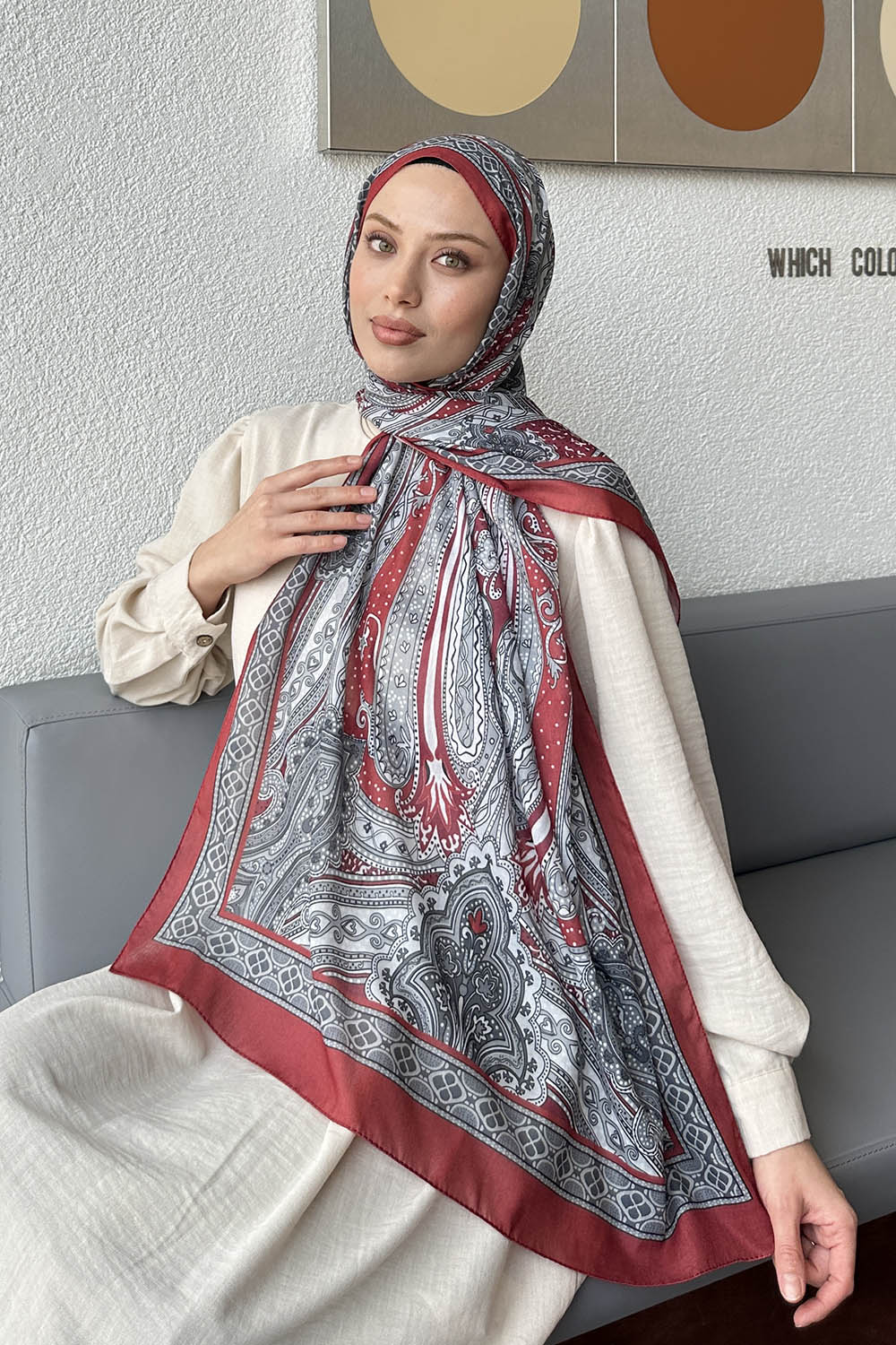 Lamelif Retro Desen Pamuk Şal Bordo