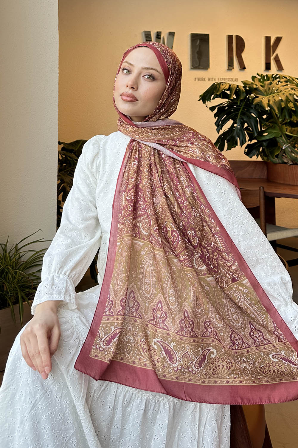 Lamelif Retro Desen Pamuk Şal Bordo