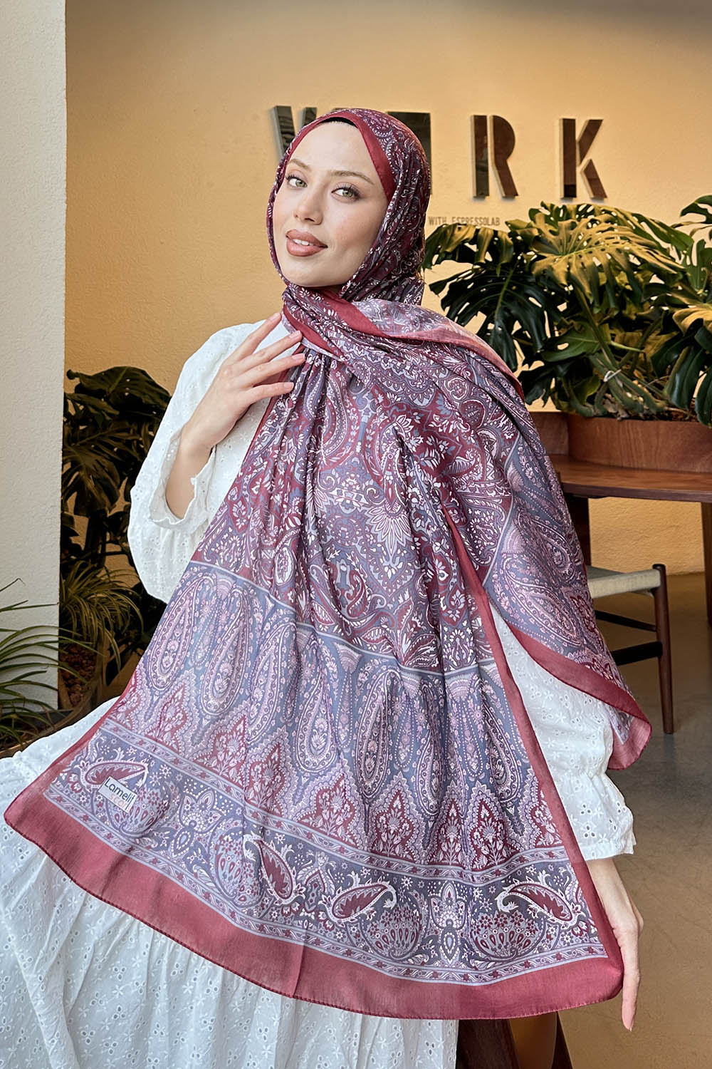 Lamelif Retro Desen Pamuk Şal Bordo