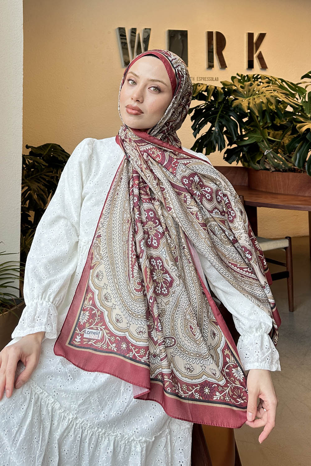 Lamelif Retro Desen Pamuk Şal Bordo