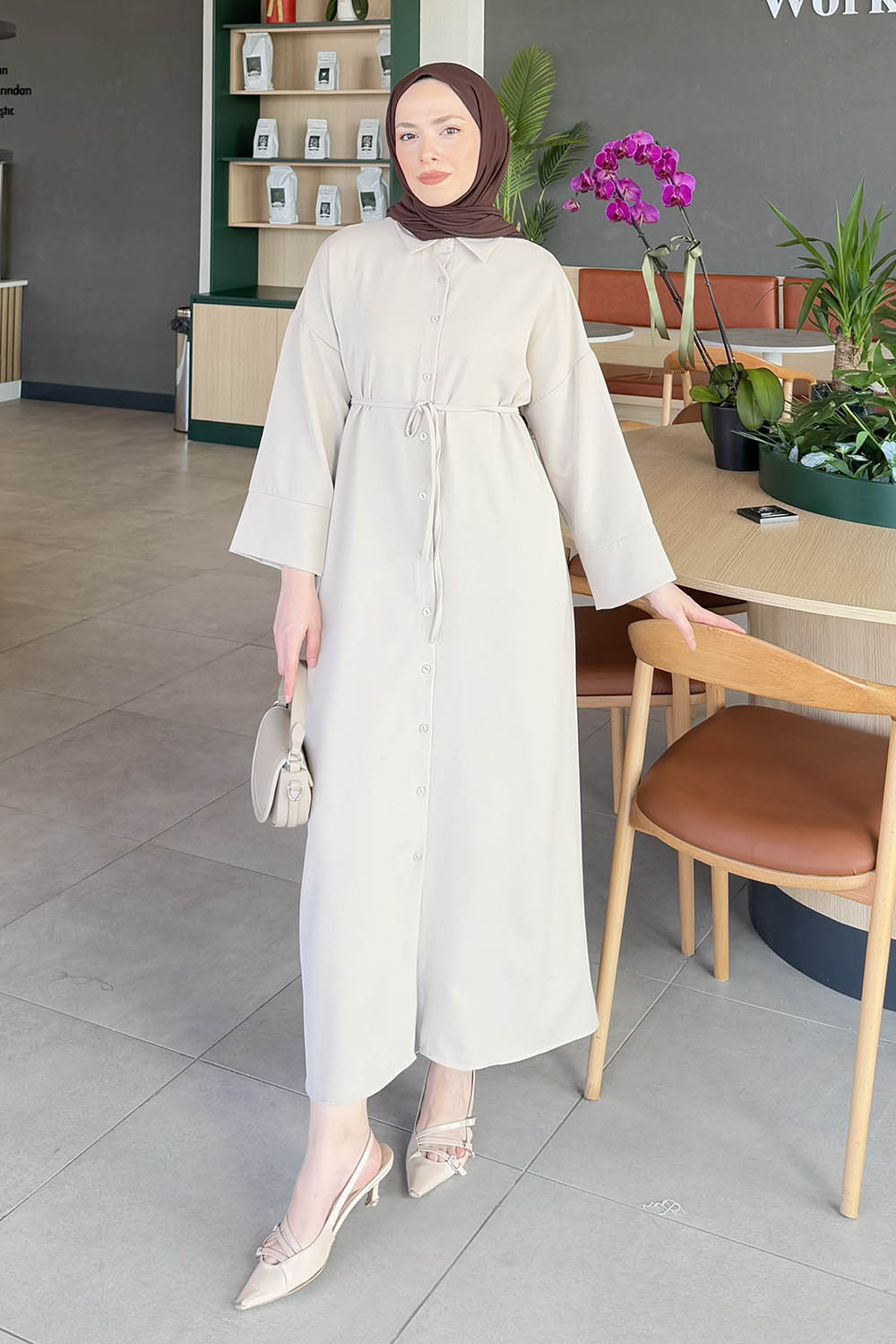 Lamelif Takma Manşet Detaylı Dabıl Tesettür Elbise Taş Rengi