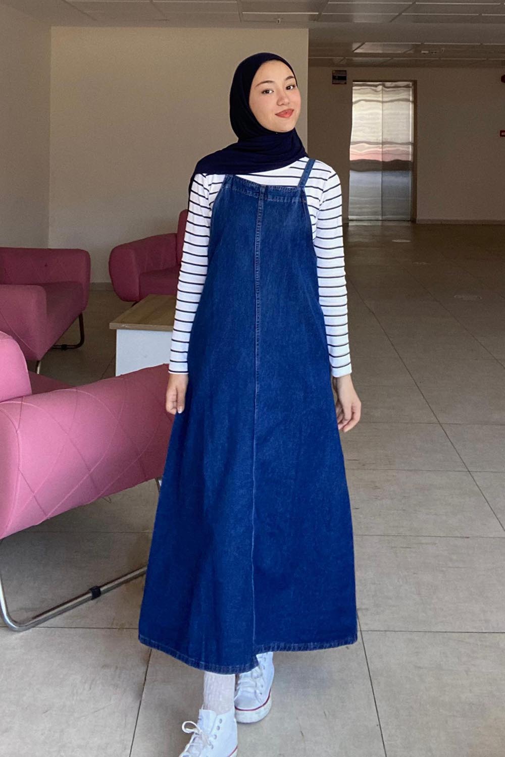 Lamelif Askılı Denim Salopet Elbise Koyu Mavi