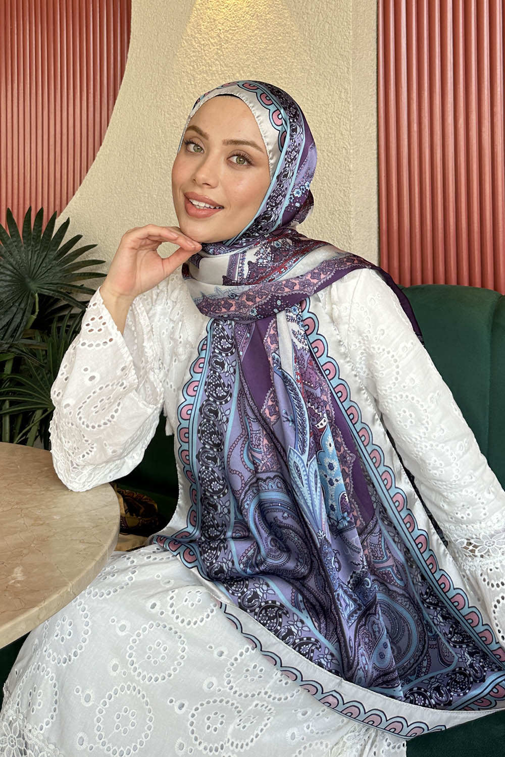 Lamelif  İthal İpeksi Vual Retro Desen Şal Mavi Lila