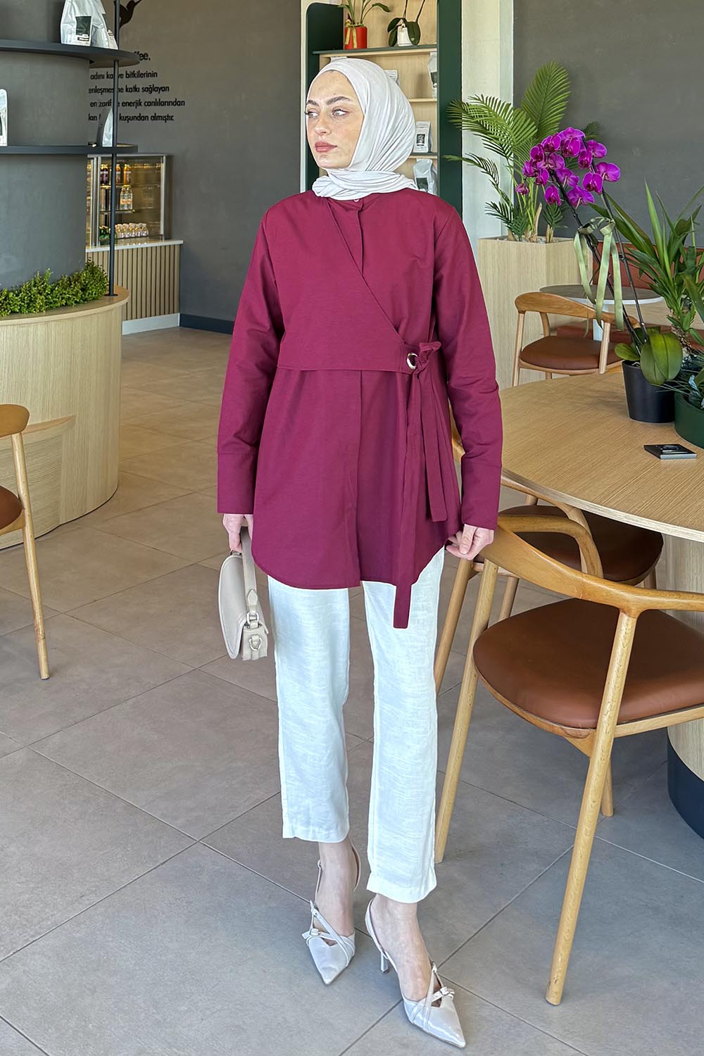 Lamelif Kuşaklı Tesettür Tunik Bordo