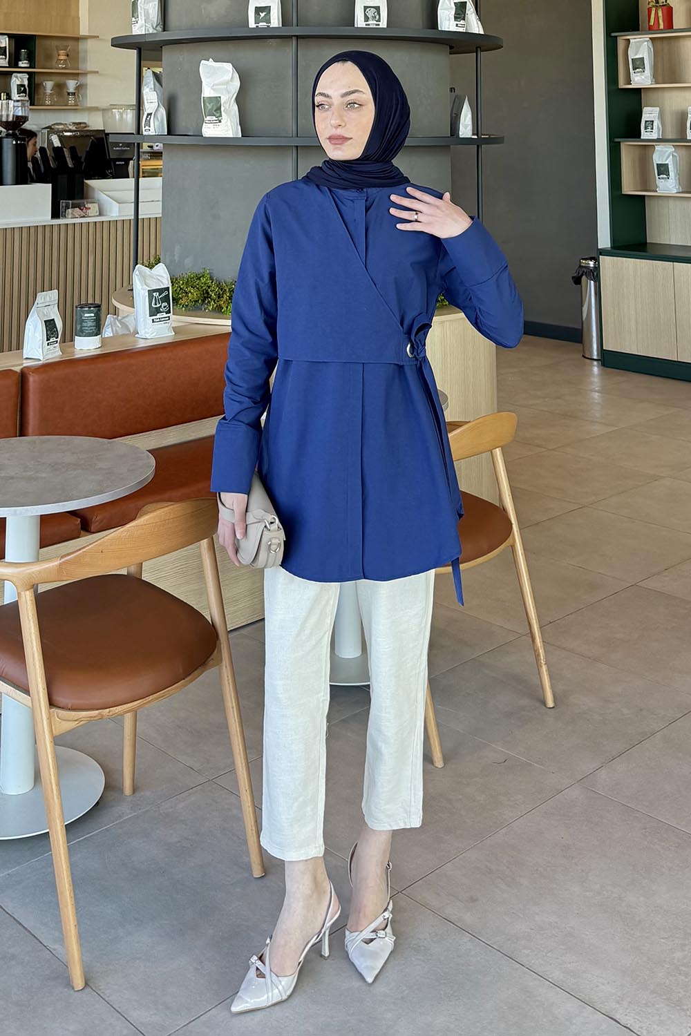 Navy Blue Mandarin Collar Cotton Unprinted Tunic