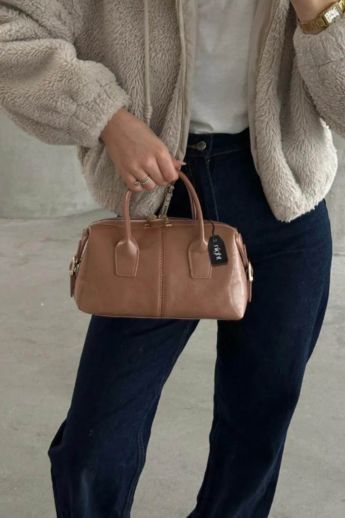 Lamelif Jennie Model Deri Kadın El Ve Omuz Çantası Pudra