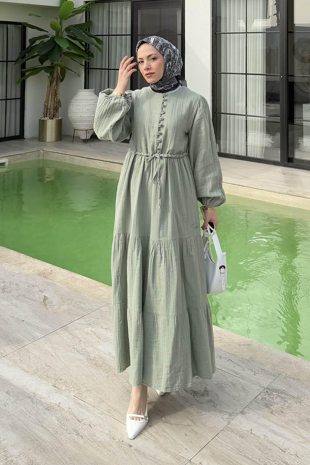 Lamelif Bel Büzgülü Tesettür Elbise Mint Yeşili