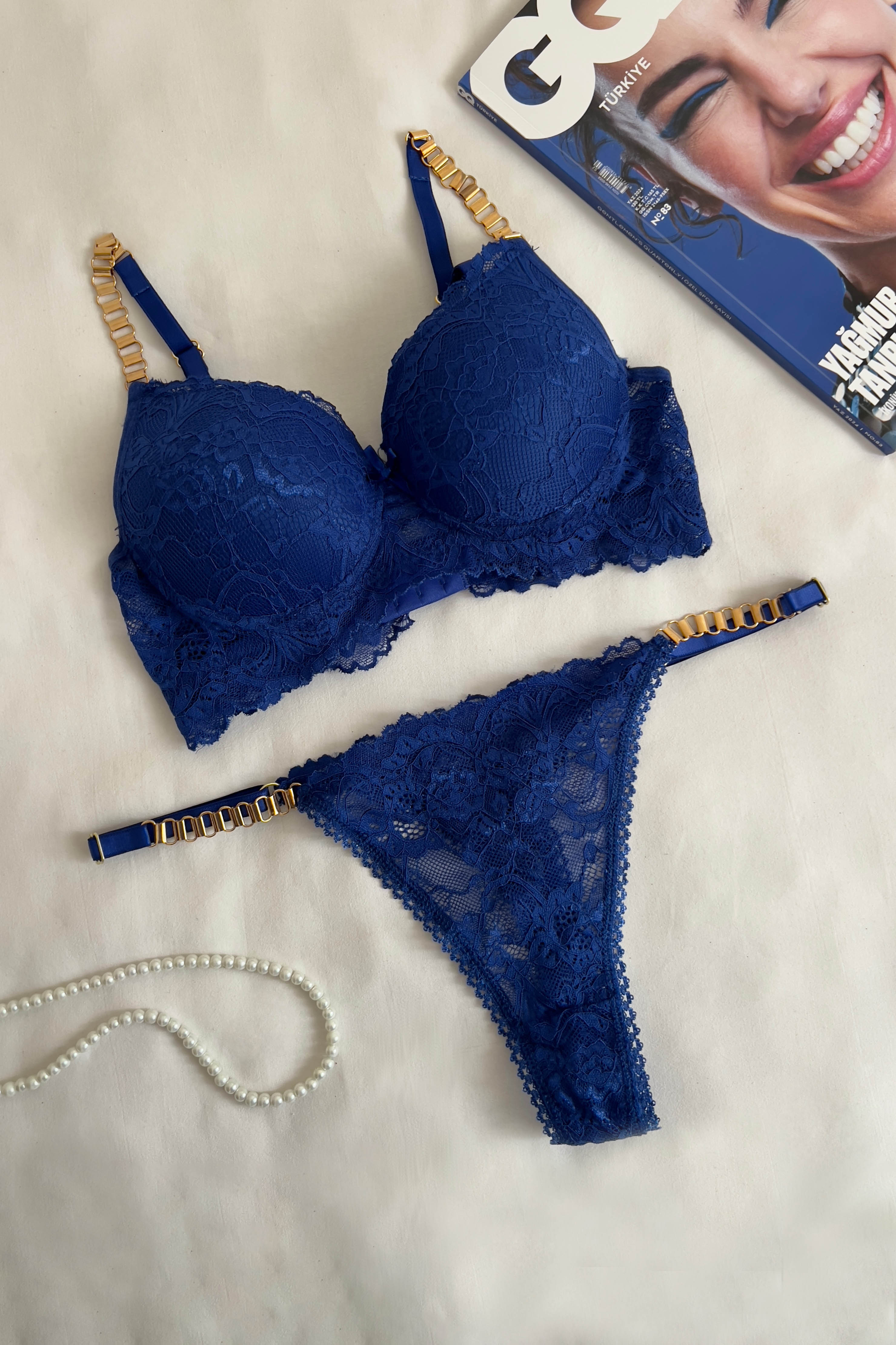 Lamelif Dantelli Destekli Sütyen Takım Saks Rengi