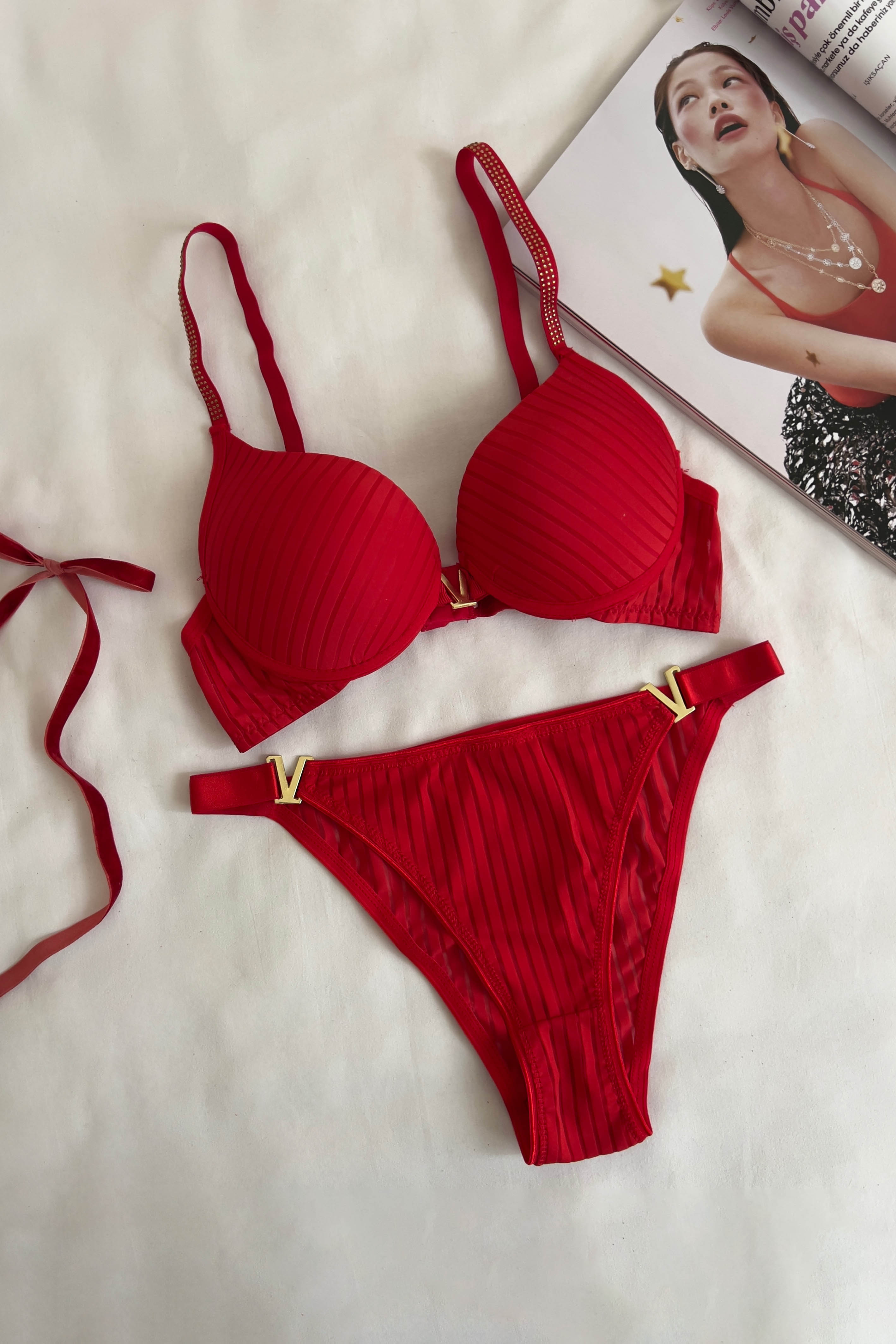 Lamelif Fitilli Destekli Sütyen Takım Kırmızı Renk