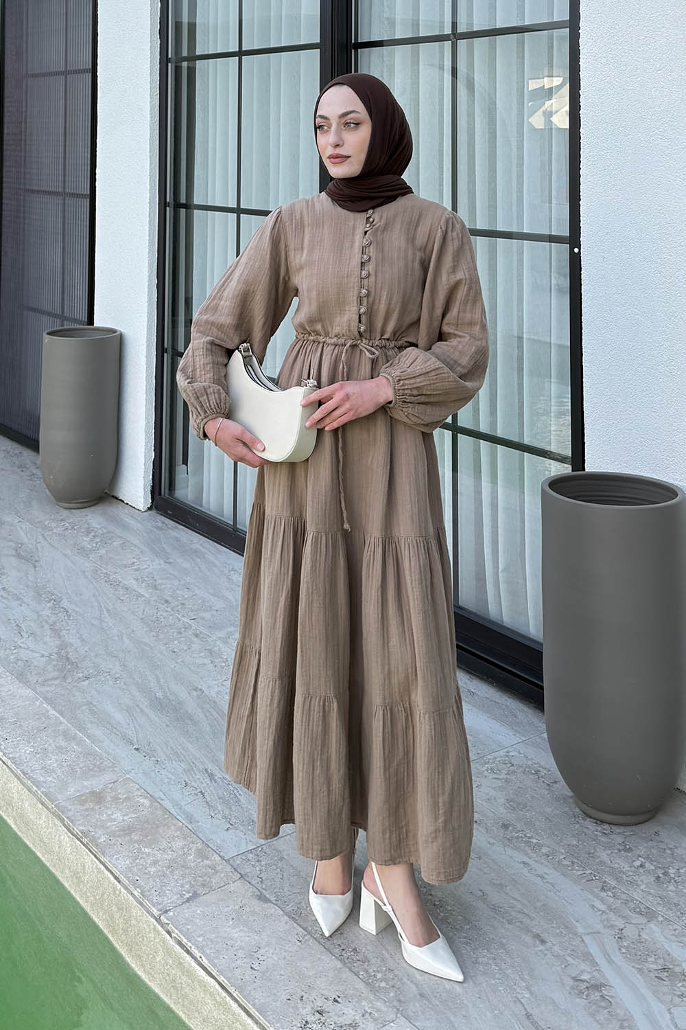 Lamelif Bel Büzgülü Tesettür Elbise Vizonrengi