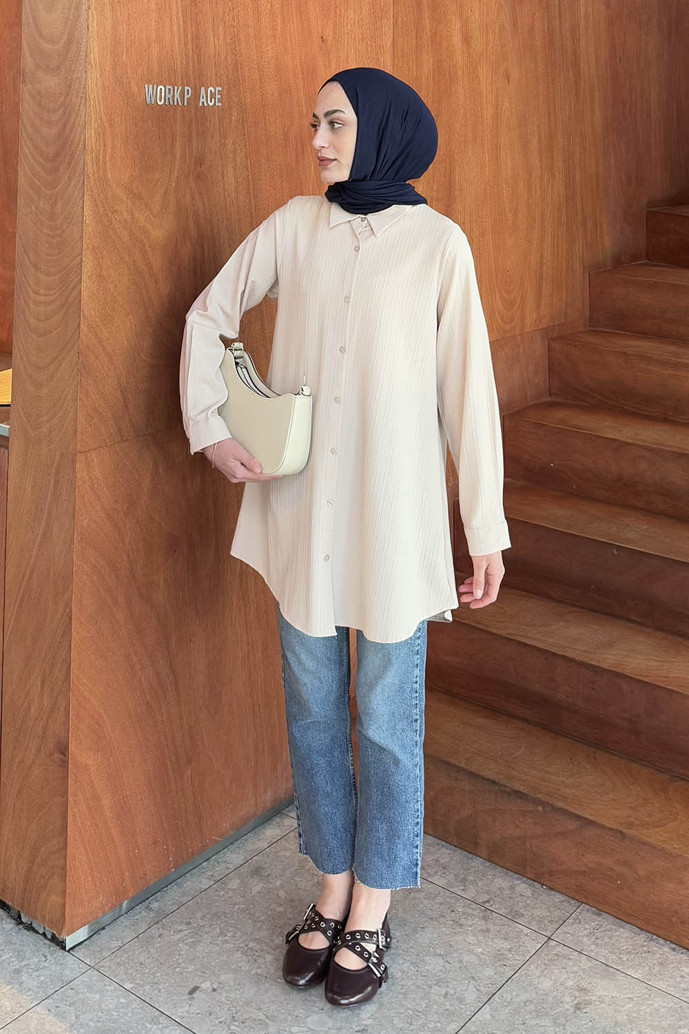 Beige Shirt Collar Long Arm Cotton Shirt