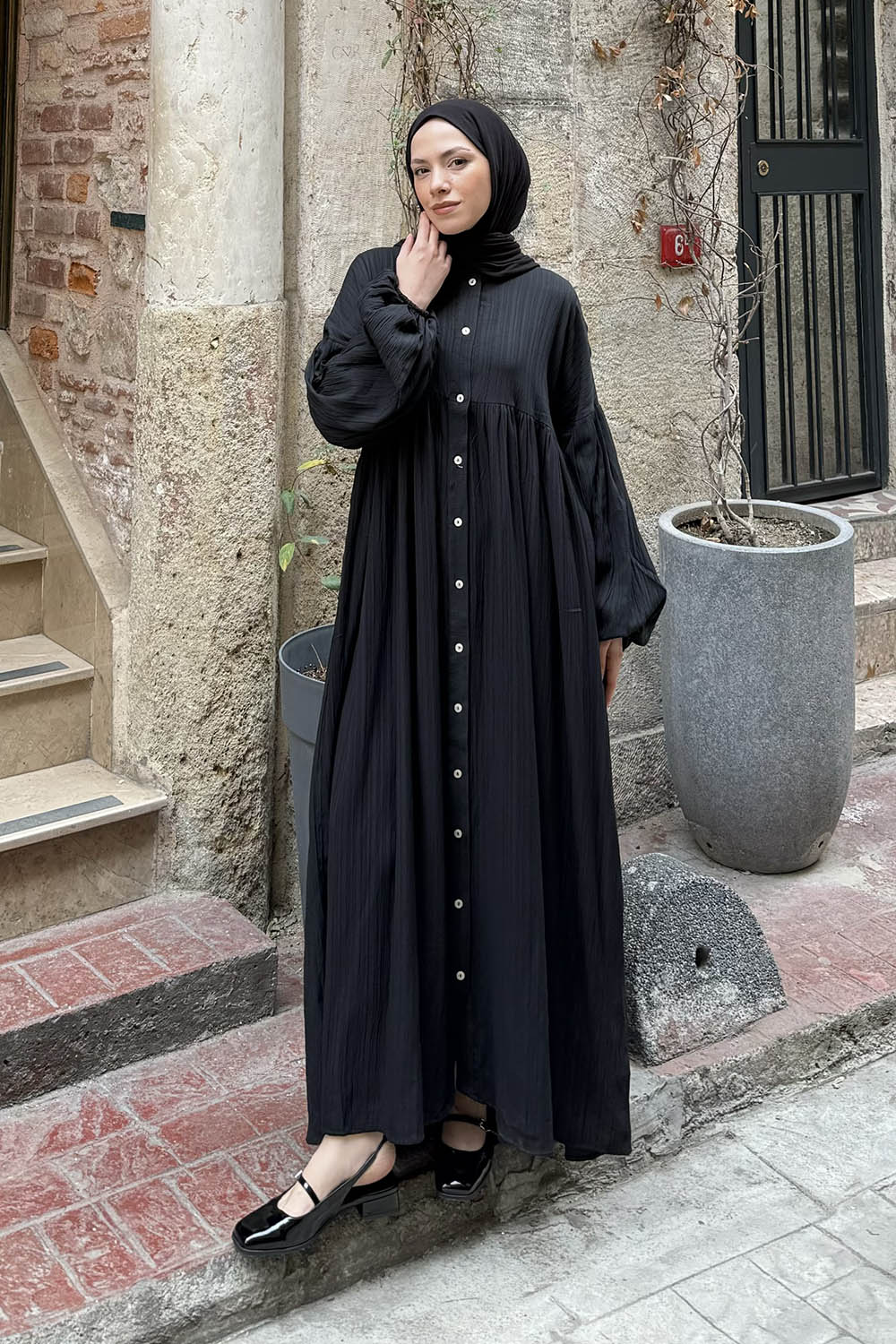 Lamelif Balon Kol Uzun Tesettür Elbise Siyah