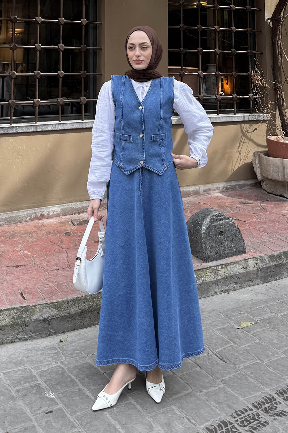 Lamelif Denim Yelek-Etek İkili Tesettür Takım Mavi