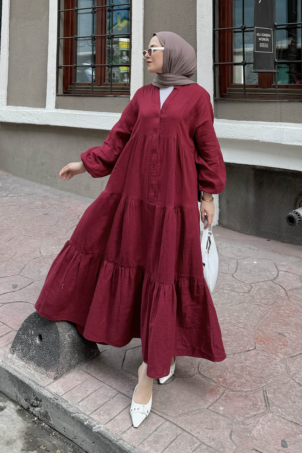 Claret Red Mandarin Collar Cotton Unprinted Dresess