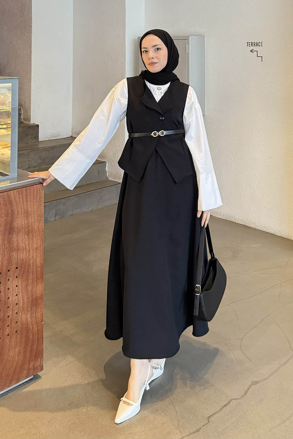 Lamelif Düğmeli Etek-Yelek Tesettür İkili Takım Siyah